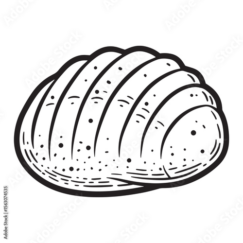 Artistic black and white hand drawn illustration of a freshly baked loaf of bread
