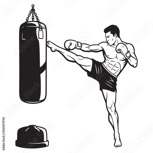 Athletic boxer kicking a punching bag in a dynamic black and white illustration