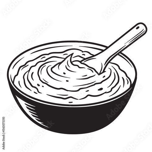 Black and white illustration of a bowl filled with creamy dip and a wooden spoon