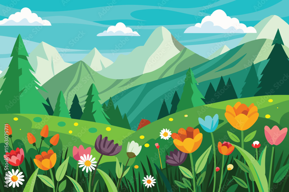 Fototapeta premium flower field with green mountain spring landscape