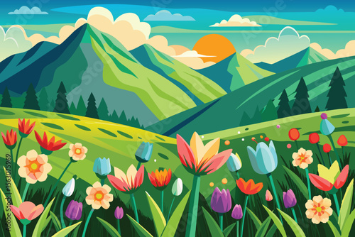 flower field with green mountain spring landscape
