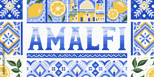 Amalfi Coast Inspired Illustration with Lemons Tiles and Coastal Town Scenery in Blue and Yellow