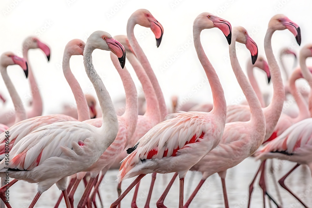 Naklejka premium Group of flamingos are walking in a line