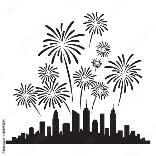 Black and white silhouette of fireworks exploding over a city skyline design