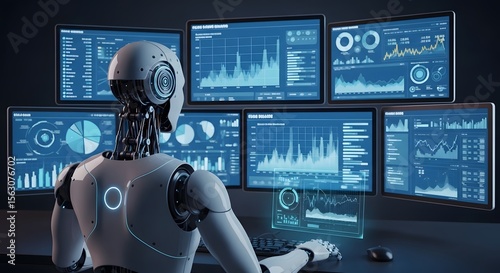 Robotic Figure Analyzing Complex Financial Visualizations AI Analyst Monitoring Data Across Multiple Blue Screens 