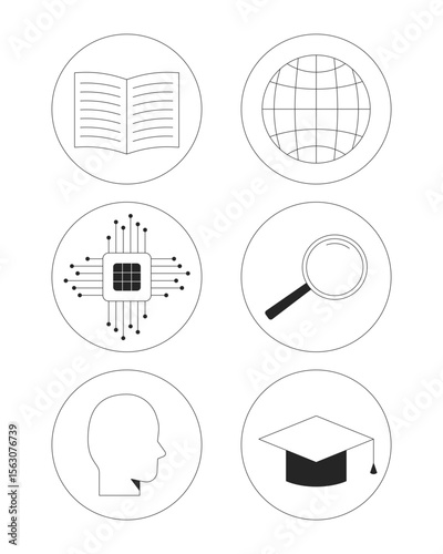 Education and technology 2D line round stickers objects set. Reading, globe, AI chip, loupe, graduation cap isolated circle cliparts vector ink outline items. Monochrome spot illustrations collection