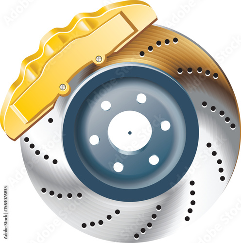 Vector Illustration of Car Disc Brake with Yellow Caliper