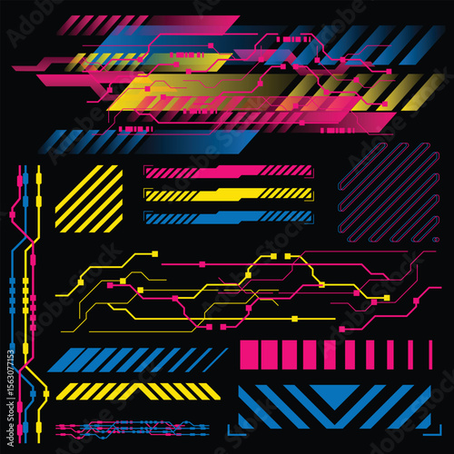 y2k 2000s sci-fi cyberpunk gaming retro-futuristic template set dashboard HUD for ux-ui application, 2d vector illustration 