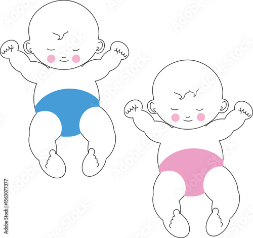 Baby boy and girl cute smile while sleeping vector illustration doodle