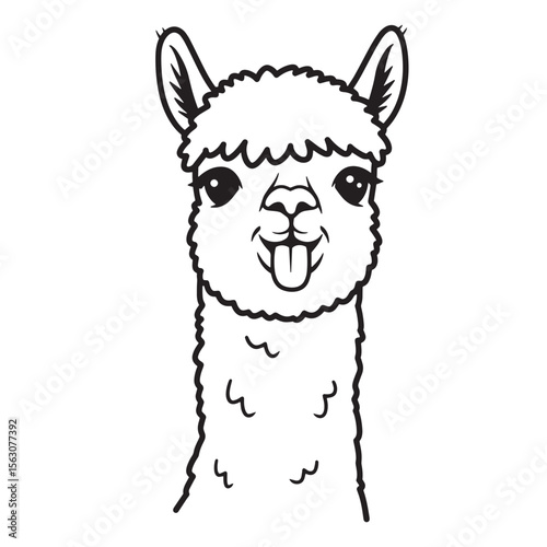 Charming vector illustration of a smiling alpaca or llama in a simple black and white style