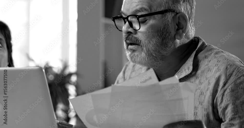 Indian couple managing home finance using laptop and documents, senior Asian husband wife reading bills calculating pension or taxes at home, planning retirement budget, digital paperwork concept