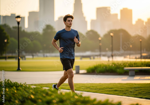 Young man jogging through city park