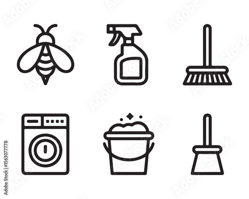 Set of six simple outline icons for cleaning and household tasks isolated on white background