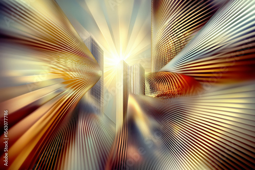 Abstract futuristic cityscape with a dynamic zoom blur effect, looking up towards a bright sun between golden skyscrapers, symbolizing speed and progress.