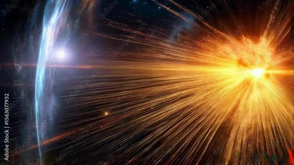 Abstract animation of golden light streaks radiating from a bright center point against a starry night sky backdrop.