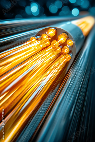 Close-up of a fiber optic cable with glowing orange strands transmitting data, symbolizing high-speed internet and communication technology.