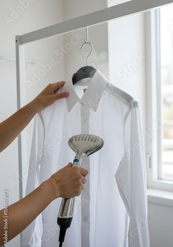 steaming a shirt on a hanger with a garment steamer