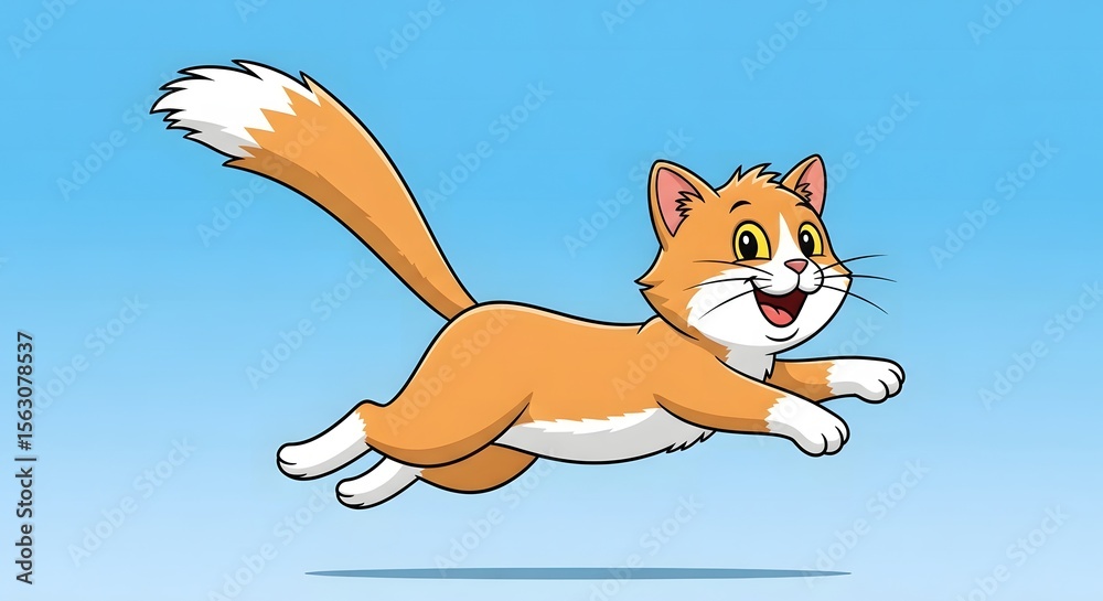Fototapeta premium Playful Orange Cat Cartoon Illustration Leaping, Happy Feline Image