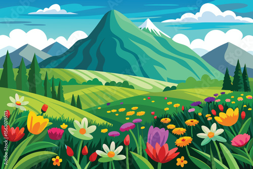 summer flower field with mountains landscape