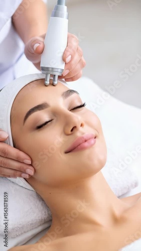 Close-up of a woman receiving a facial treatment from a beautician with a professional device in a beauty clinic, eyes closed enjoying the process