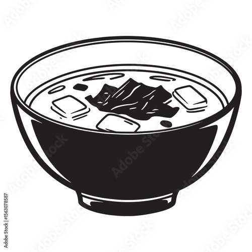 Delicious bowl of traditional japanese miso soup with tofu and seaweed illustration