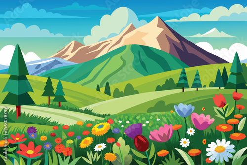summer flower field with mountains landscape
