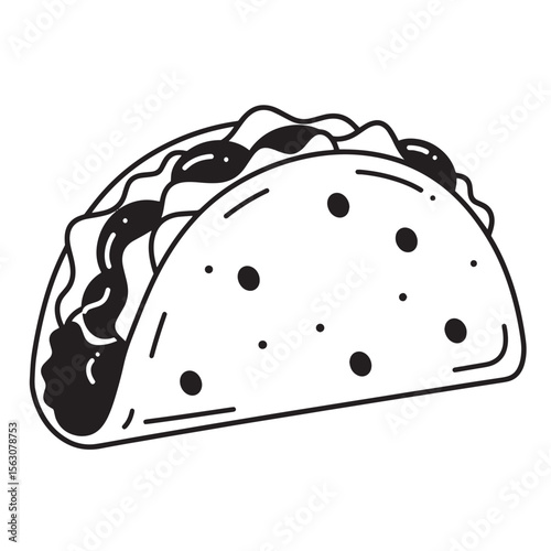 Delicious hand drawn monochrome taco with fillings ready for mexican food recipes