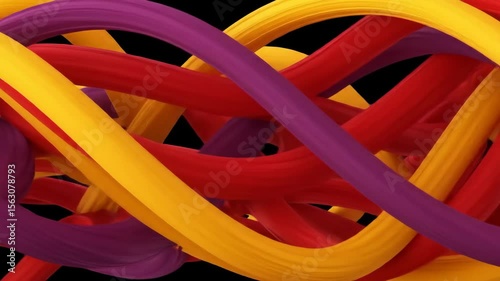 Abstract Flow: Dynamic Red, Yellow, Purple Tubes Intertwining on Black