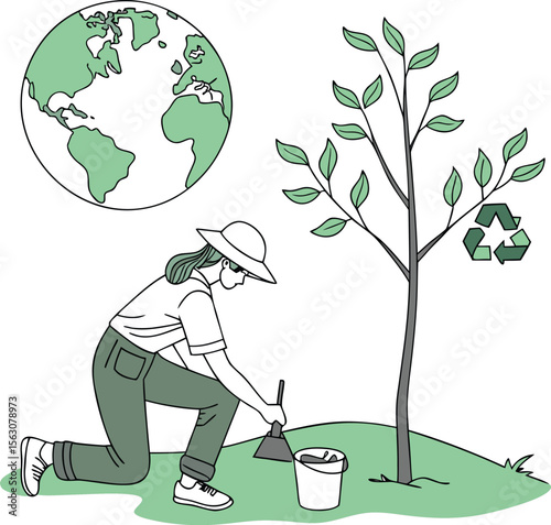 Person planting a tree with the earth and recycling symbol in the background