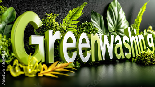 Concept of greenwashing with 3D text surrounded by lush green foliage, symbolizing misleading environmental marketing and false sustainability claims.