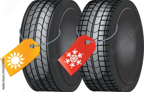 Summer and Winter Car Tires Vector – Seasonal Tire Types Illustration