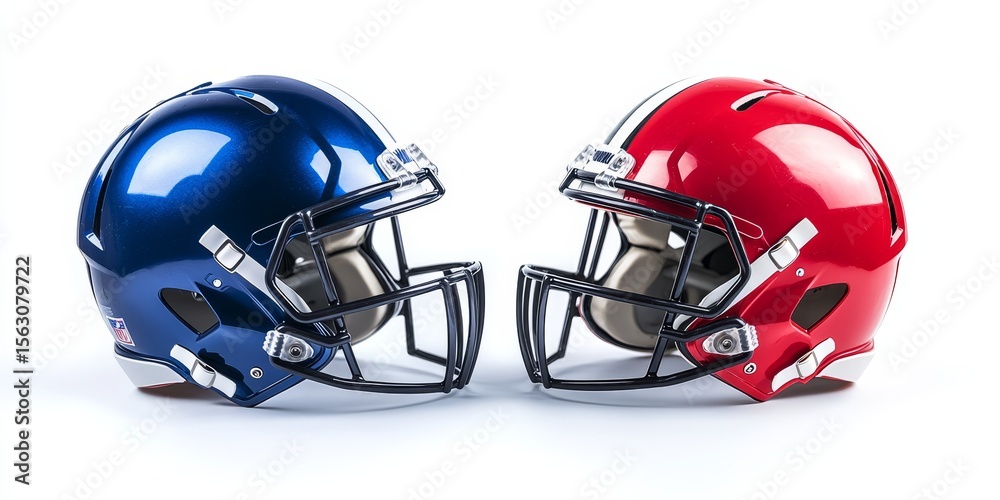 Fototapeta premium Two opposing football helmets facing each other on white background