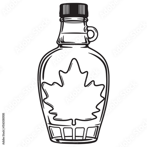 Detailed illustration of maple syrup bottle featuring canadian maple leaf icon in black and white