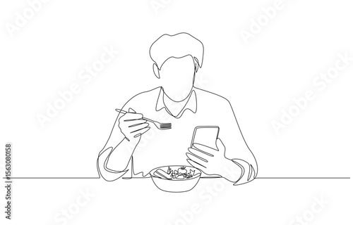 Continuous one line drawing of man eating salad while looking at his phone, mealtime in digital age concept, single line art