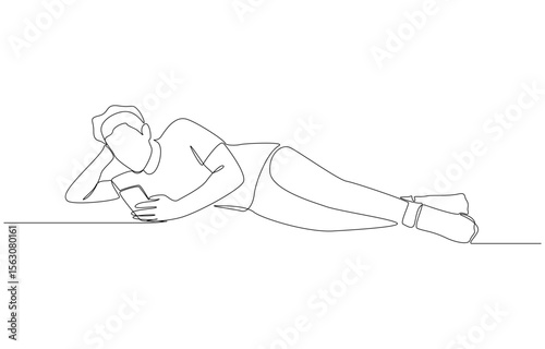 Continuous one line drawing of man lying on his side looking at smartphone, phone addiction before bedtime concept, single line art