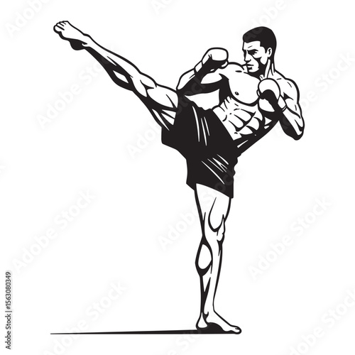 Dynamic action illustration of a muay thai fighter delivering a powerful high kick