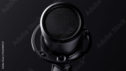 Close up shot of a professional black microphone, on a dark background. Perfect for podcasts, streaming, vocals, and other audio productions.