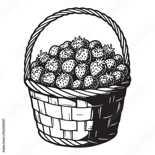 Hand drawn illustration of a wicker basket brimming with fresh ripe strawberries