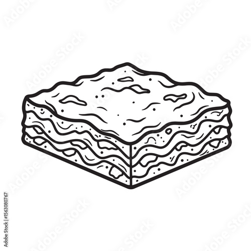 Hand drawn illustration of delicious lasagna with layers of pasta and cheese in black and white