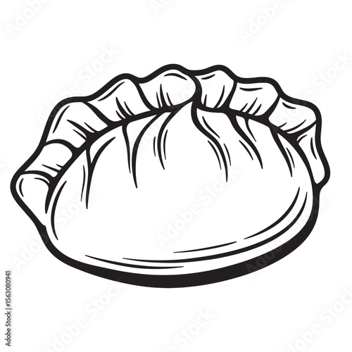 Hand-drawn black and white dumpling illustration depicting traditional asian cuisine elements