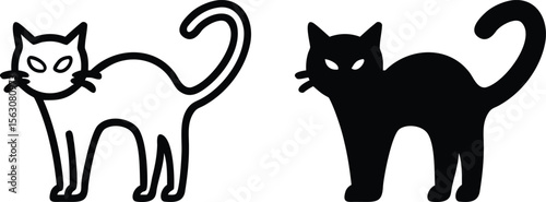 Black Cat Outline Icons – Halloween Scary Kitty Vector Illustration in Black and White