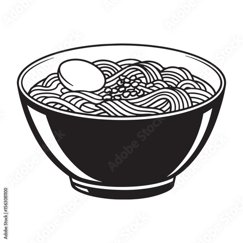 Monochrome illustration of a bowl of ramen noodles with egg and toppings ready to eat