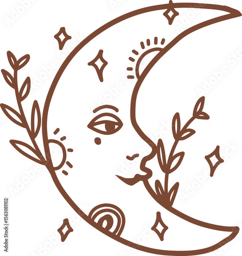 Crescent Moon with Face, Stars, Sun, and Floral Elements