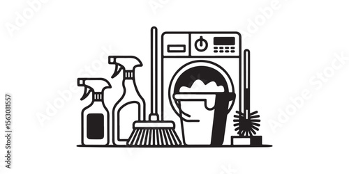 Collection of household cleaning supplies and washing machine isolated on white background