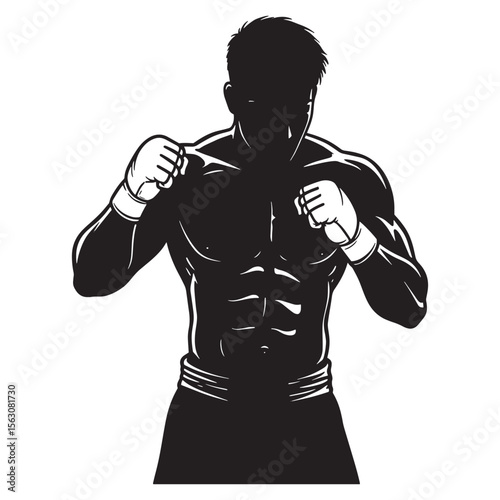 Silhouette of a muscular boxer in defensive stance ready for a fight with gloves on