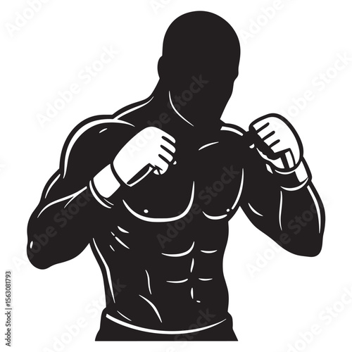 Silhouette of a muscular boxer in fighting stance isolated on a white background