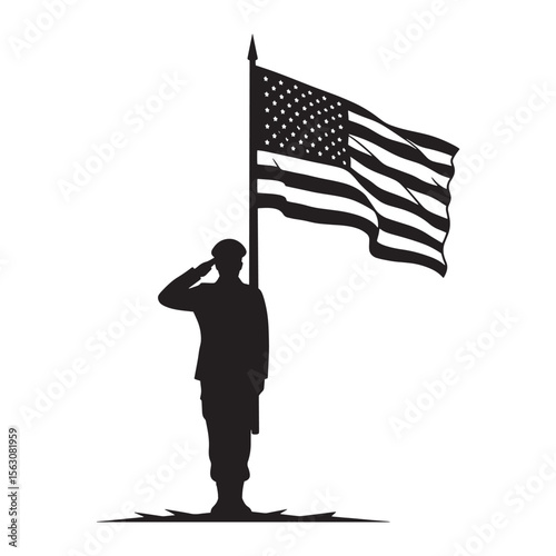 Silhouette of a soldier saluting american flag waving honor and patriotism for veterans day