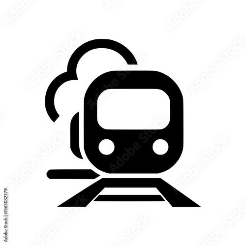 Train icon with steam on railway tracks in black silhouette style  