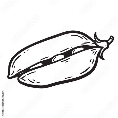 Simple black and white hand drawn pea pod vegetable isolated on white background