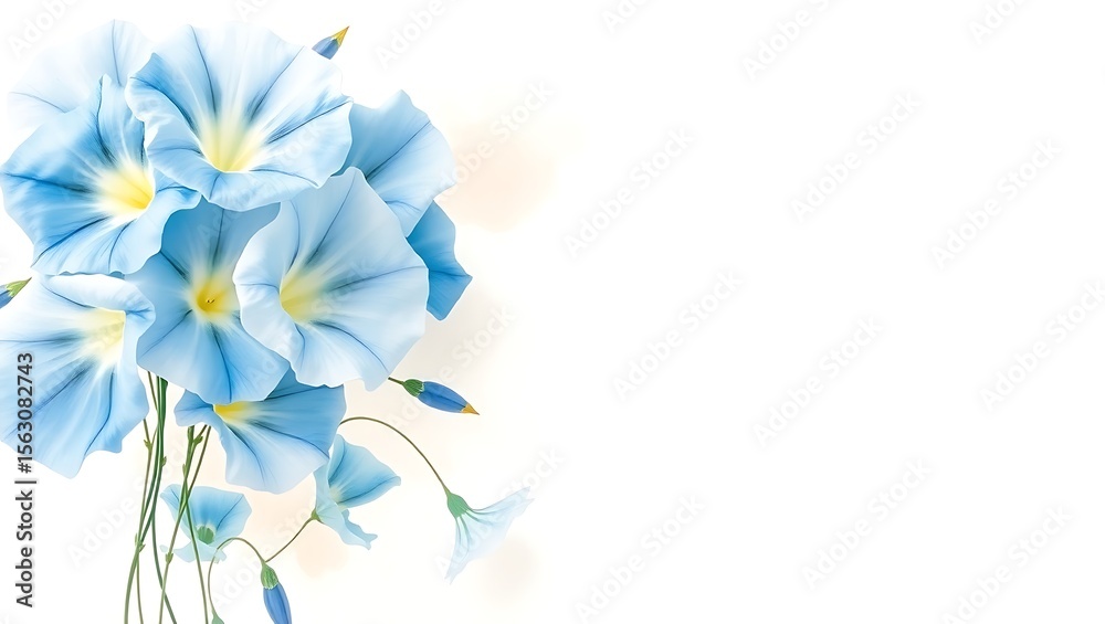 Obraz premium Delicate light blue morning glory flowers with buds on a soft white background